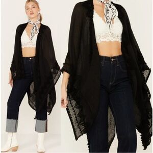Shyanne Womens Country Boho Chevron Gauzy Chenille Shawl Kimono Top OS Black